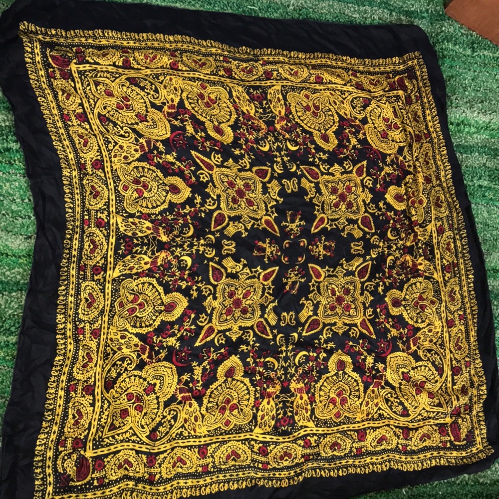 Black Silk-like‎ Paisley Scarf Tablecloth with Gold and Red Accents